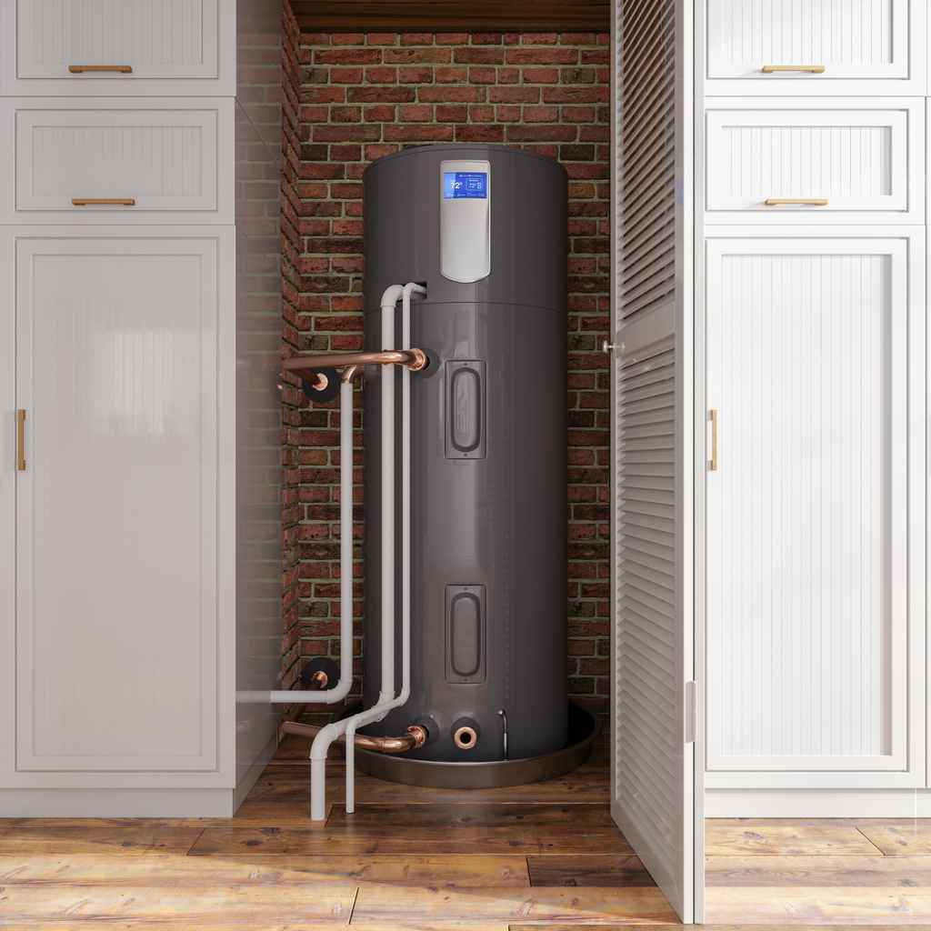 Front view of a water heater near white cabinets